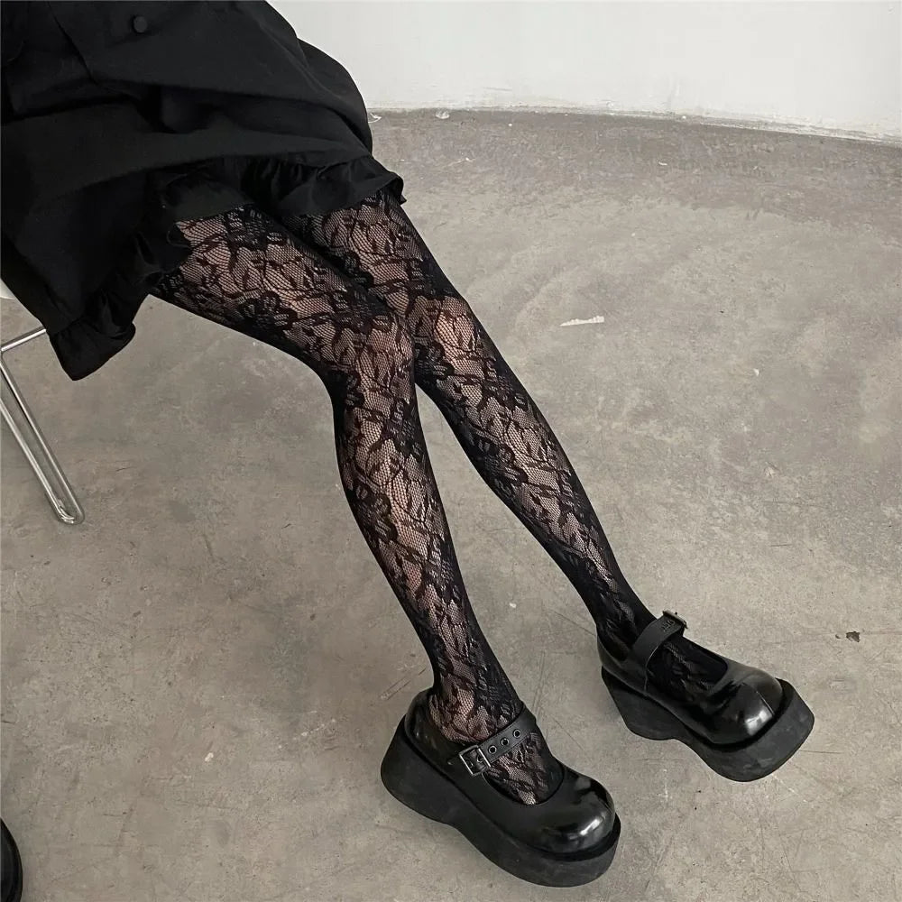 Y2k Mode Gothic Blume Aushöhlen Sexy Strumpfhose Frauen Netz Wein Rot Ins Heiße Mädchen JK Strumpfhose Hohe Elastische Hipster Leggings