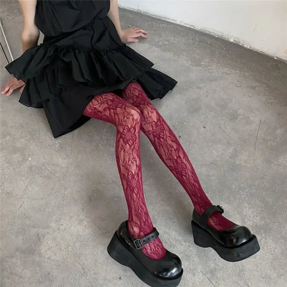 Y2k Mode Gothic Blume Aushöhlen Sexy Strumpfhose Frauen Netz Wein Rot Ins Heiße Mädchen JK Strumpfhose Hohe Elastische Hipster Leggings