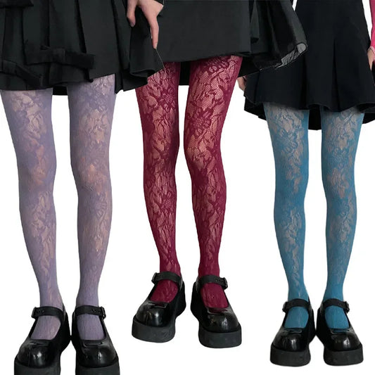 Y2k Mode Gothic Blume Aushöhlen Sexy Strumpfhose Frauen Netz Wein Rot Ins Heiße Mädchen JK Strumpfhose Hohe Elastische Hipster Leggings